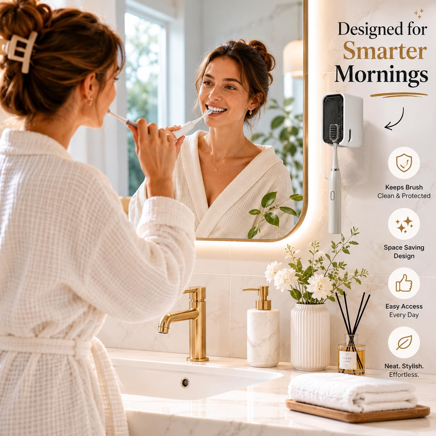 Signamio 4 Pcs Set of Tooth Brush Holder Bathroom, Self Adhesive Toothbrush Holder Wall Mount, Bathroom Organizer & Brush Holder for Bathroom, Toothbrush Holders for Bathroom Wall, Toothbrush Stand