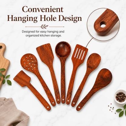SIGNAMIO 7-Piece Wooden Spatula Set for Cooking, Natural Sheesham Wood Kitchen Utensils Set, Non-Stick Safe Cooking Tools, Turner, Ladle, Slotted Spatula & Serving Spoon Set for Kitchen