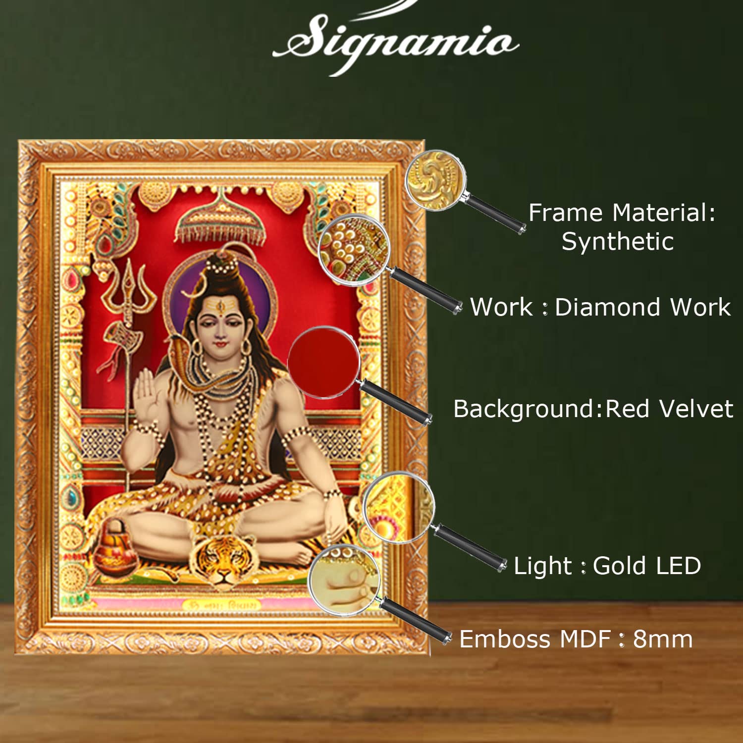 SIGNAMIO® Designer Handmade Stone Moti Work with Gold led Light Sculpture of 3D Lord Shiva Mahadev Shankar wall Hanging Photo Frame with for Puja Room,Home,Office,wall decoration-1pcs (14x11 Inch)
