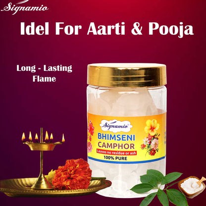SIGNAMIO® Pure Bhimseni/Kapur/Camphor Pooja Tablets/Original Karpoor/Low Smoke Kapur for Pooja/Kapoor (Camphor Tablet Jar, 100 gm X Pack of 1)