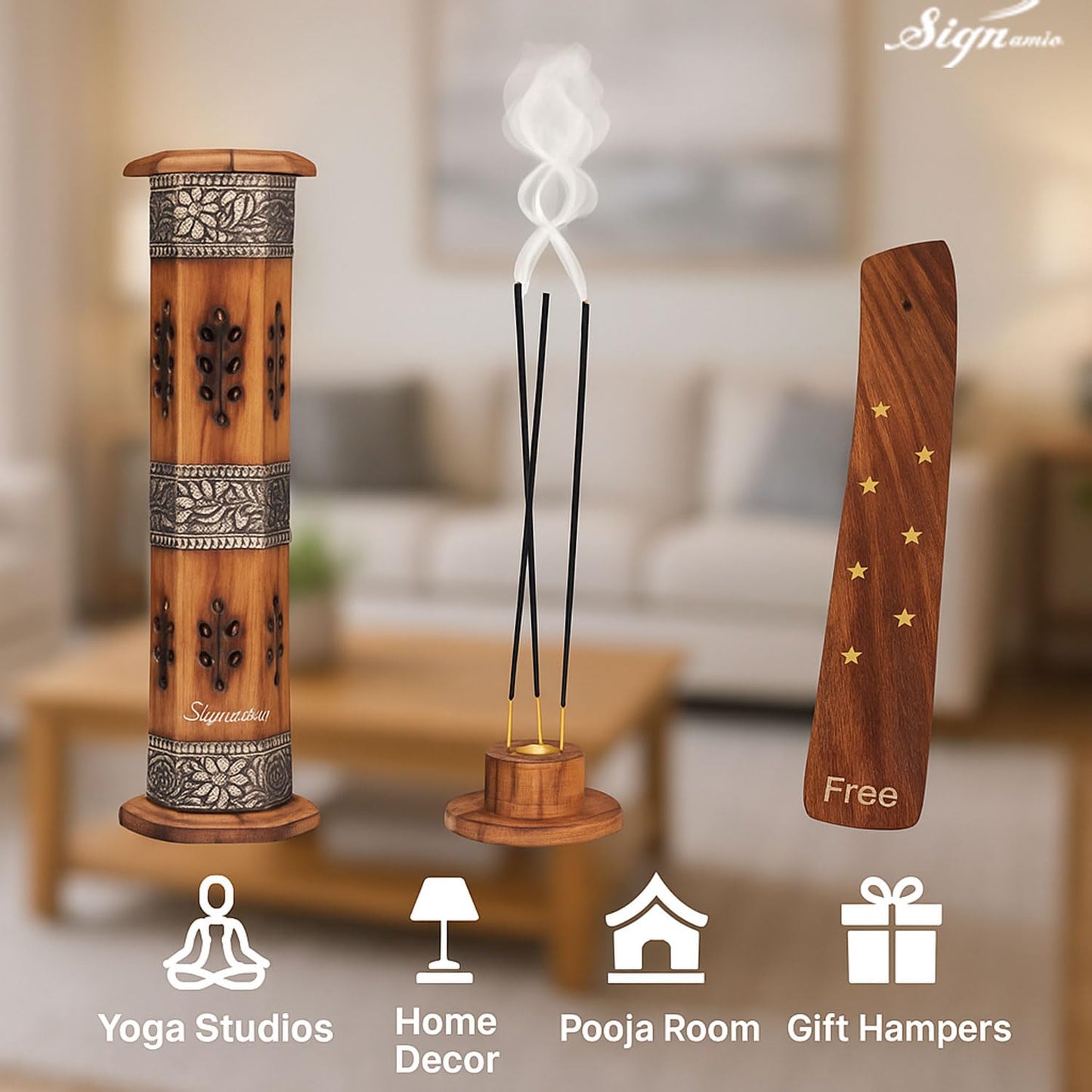 SIGNAMIO® 2pcs Tower Wooden Agarbatti Stand with Ash Catcher: Premium Incense Stick and Dhoop Holder Set for Pooja Room Decoration - Essential Puja Items for Home Mandir & Agarbatti Storage Box