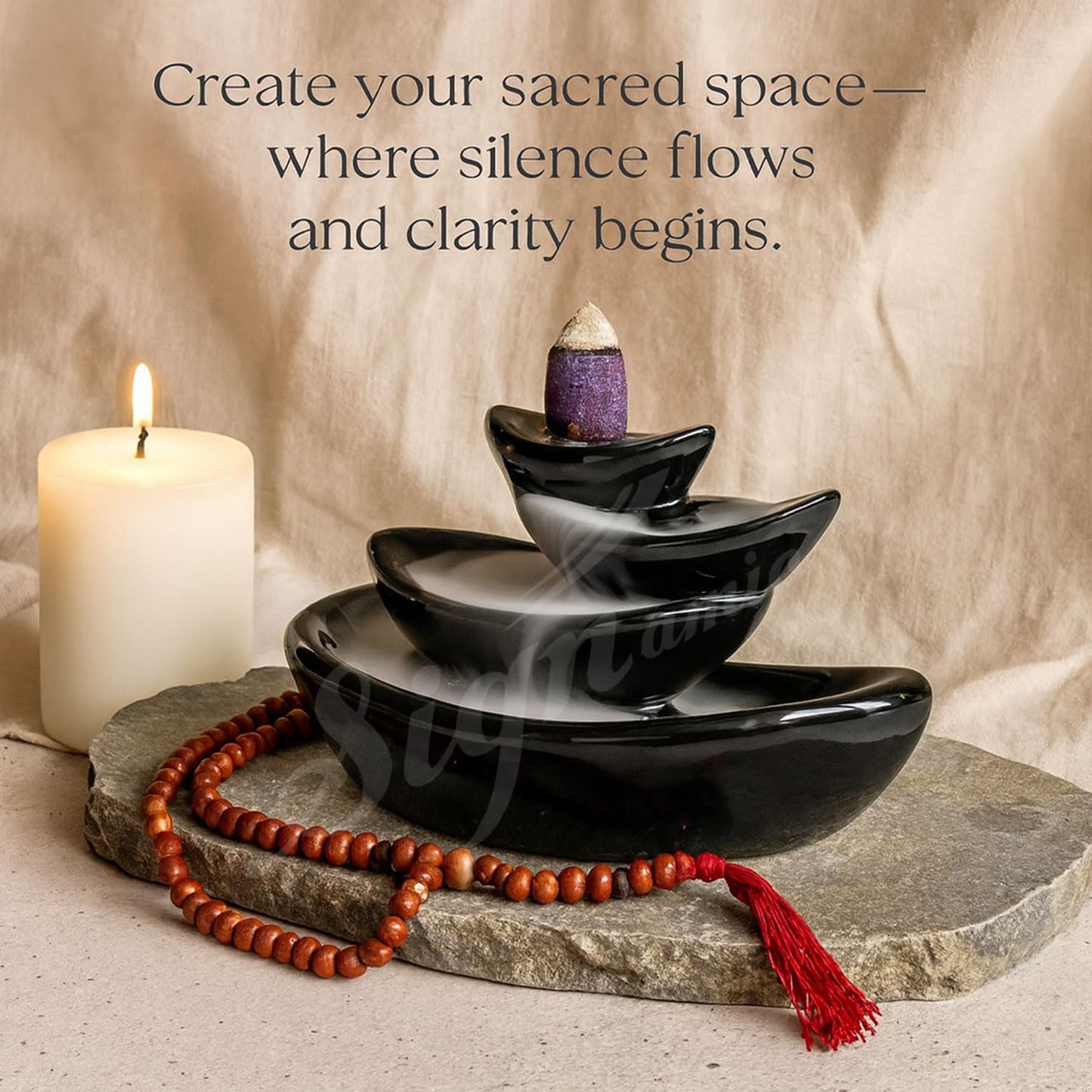Signamio Ceramic Backflow Incense Fountain - 30 Cones Included for Pooja Meditation, Elegant Backflow Incense Holder, Aesthetic Incense Burner for Decor-DN-15
