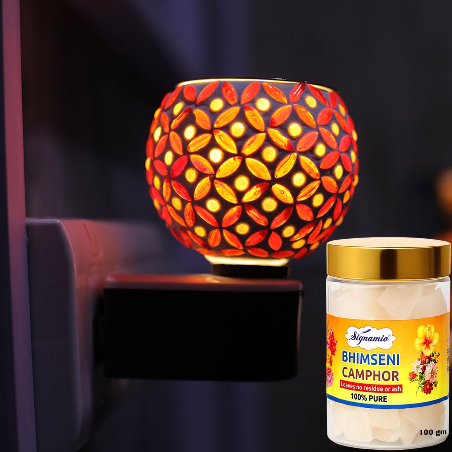 SIGNAMIO Multi Color 2 in 1 Kapoor Dani Electric Camphor Diffuser Burner & Aroma Diffuser Home Fragrance with Night Lamp, Perfect for Pooja Rooms & Daily Room Freshener Needs - DN-10