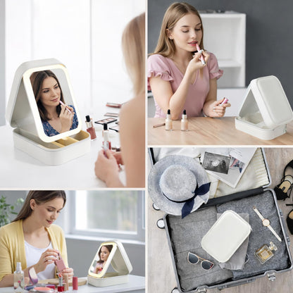 SIGNAMIO Compact Makeup Vanity with LED Mirror, Elegant Makeup Mirror with Light, Portable LED Mirror for Makeup, Stylish Vanity Table with Adjustable Lighting for Professional Results