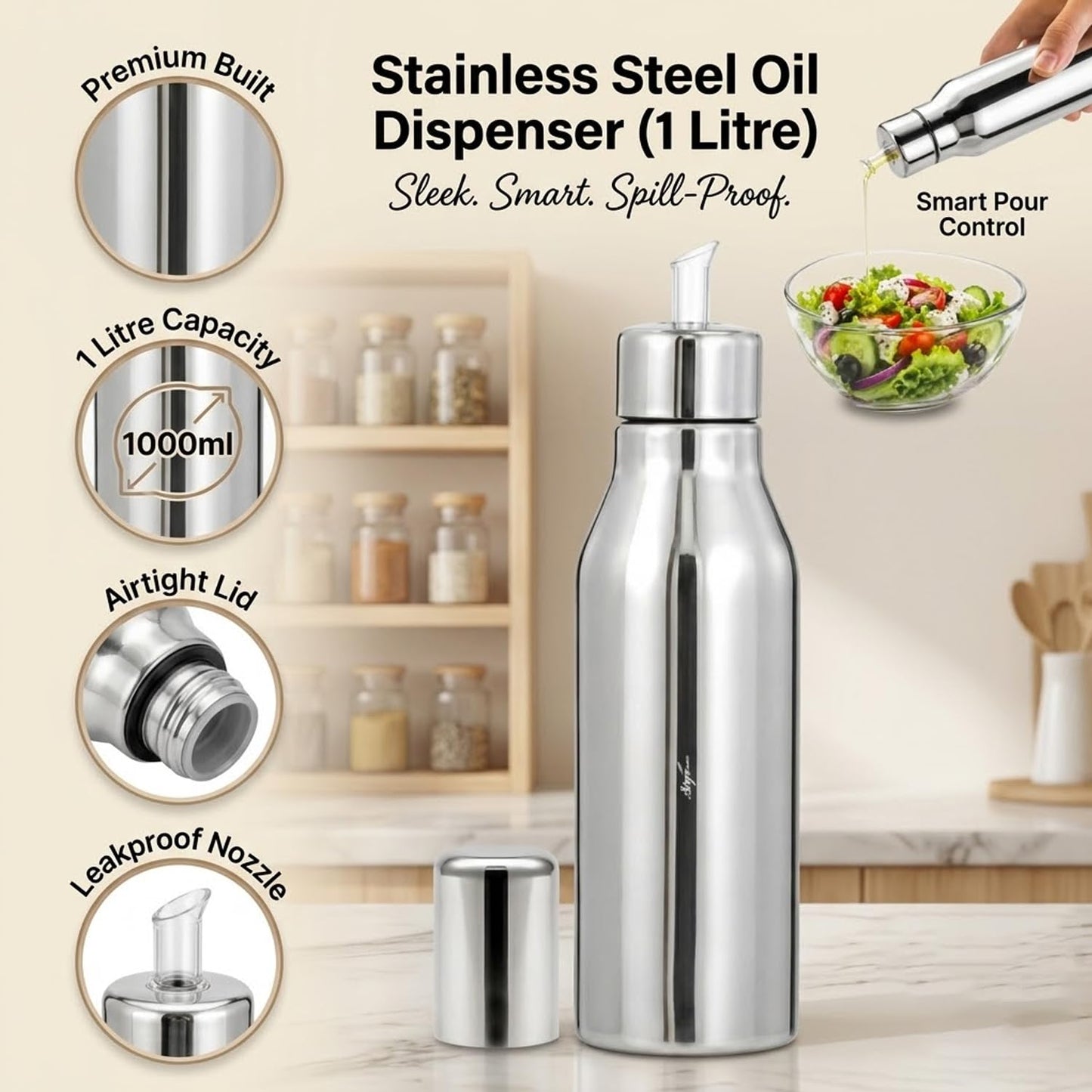 SIGNAMIO Oil Dispenser for Kitchen Stainless Steel 1 Litre | Stainless Steel Oil Bottle with Easy Pour Spout | Oil Dispenser for Kitchen Steel | Steel Oil Container for Cooking Oil & Vinegar