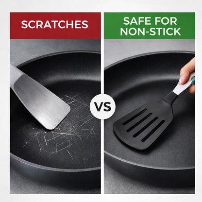 SIGNAMIO® Black Nylon Slotted Turner Spatula for Non Stick Pan - Steel Handle, Ideal for Dosa, Omelet, and Roti Cooking, 30.x 5.CM