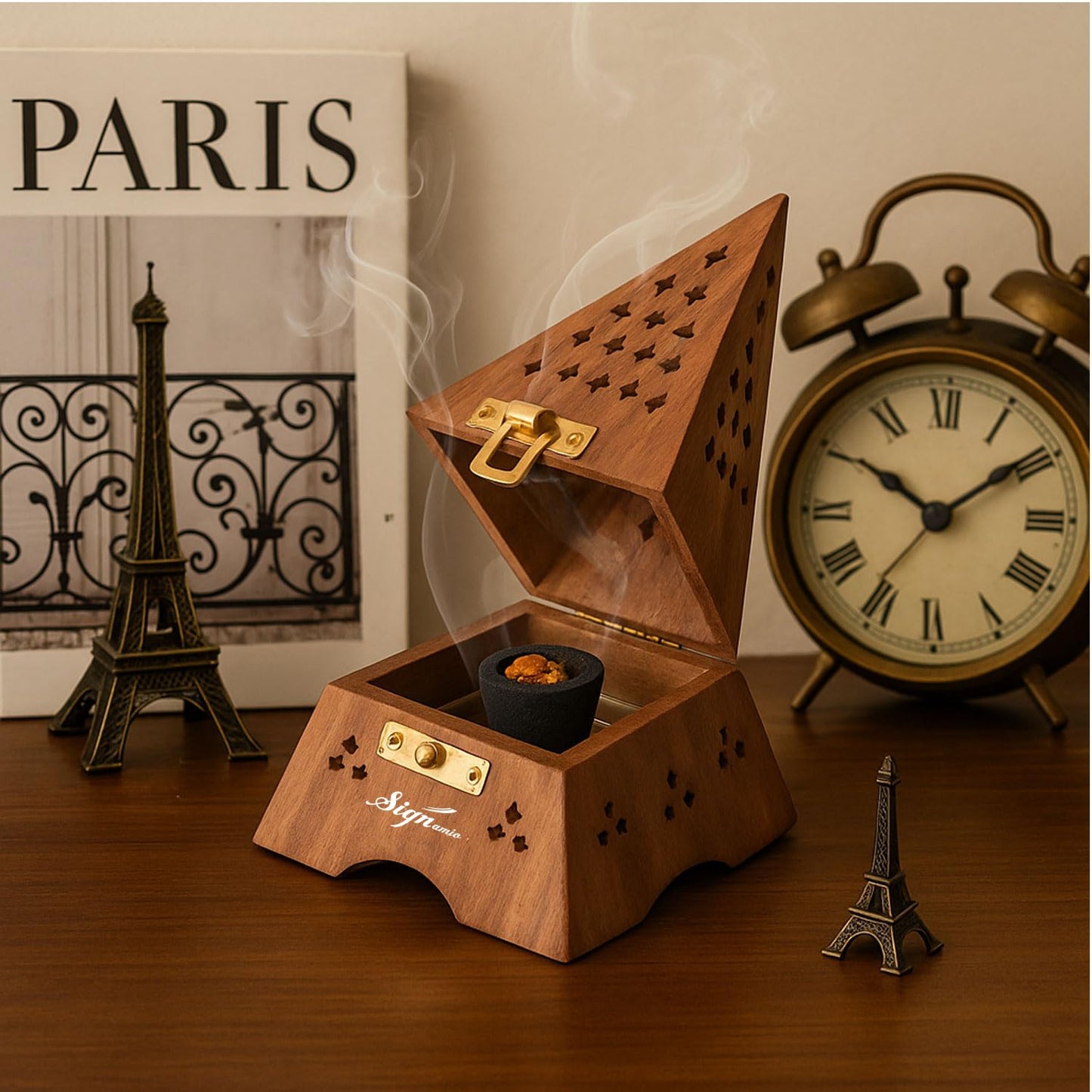 SIGNAMIO® Eiffel Tower Wooden Sambrani Dhoop Stand Incense Holder: Perfect Pooja Room Stand Decoration Item, Dhup Dani & Doopam Holder, Essential Puja Item for Home Mandir and Pooja Thali Set Rituals