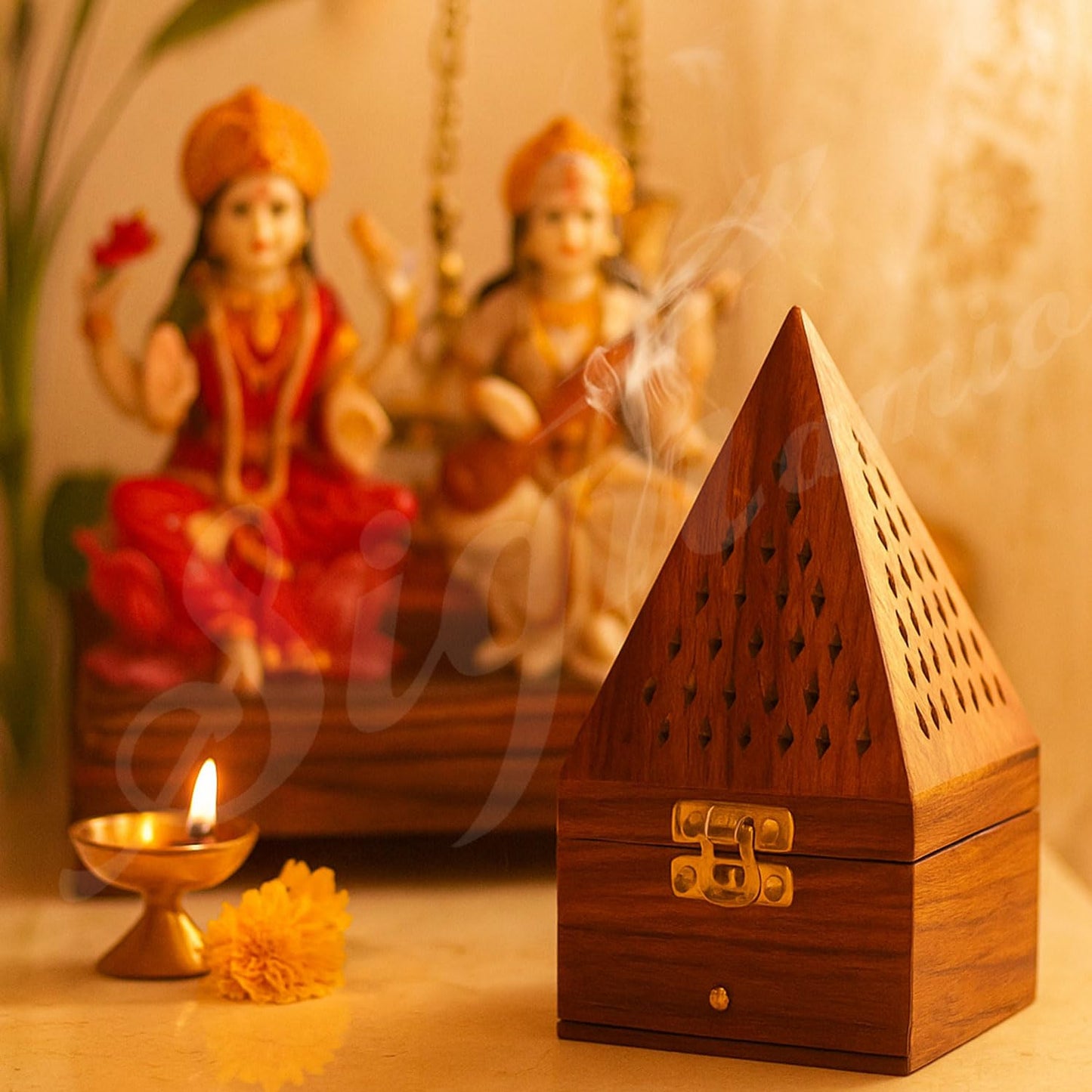SIGNAMIO® Wooden Sambrani Dhoop Stand Incense Holder: Dhoop Dani Items for Home Mandir, Perfect Pooja Room Decoration and Pooja Thali Set Rituals -Pack of 1