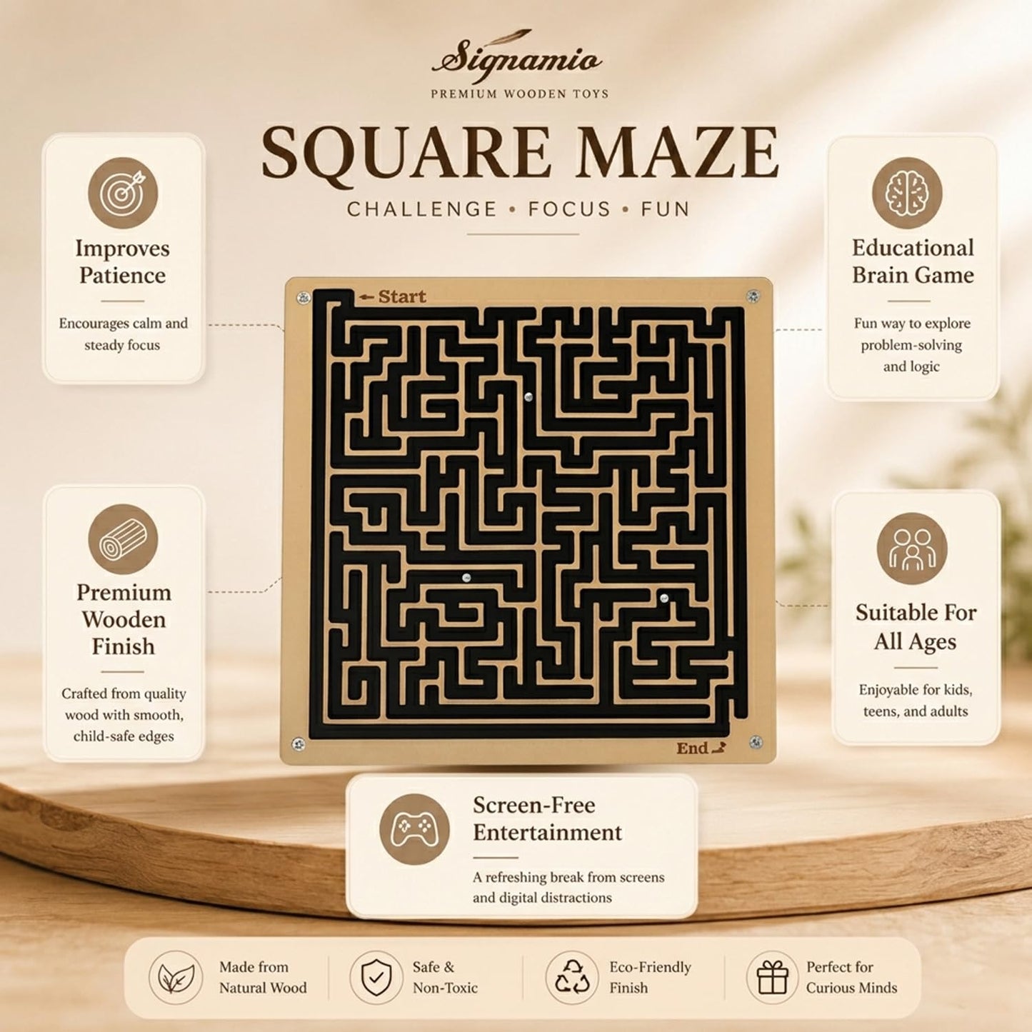SIGNAMIO® Indoor Wooden Puzzle Game Square Maze Ball - Engaging Mind Games for Kids & Adults, Perfect Brain Teaser & Time Pass Activity, Ideal Wooden Board Game for All Ages