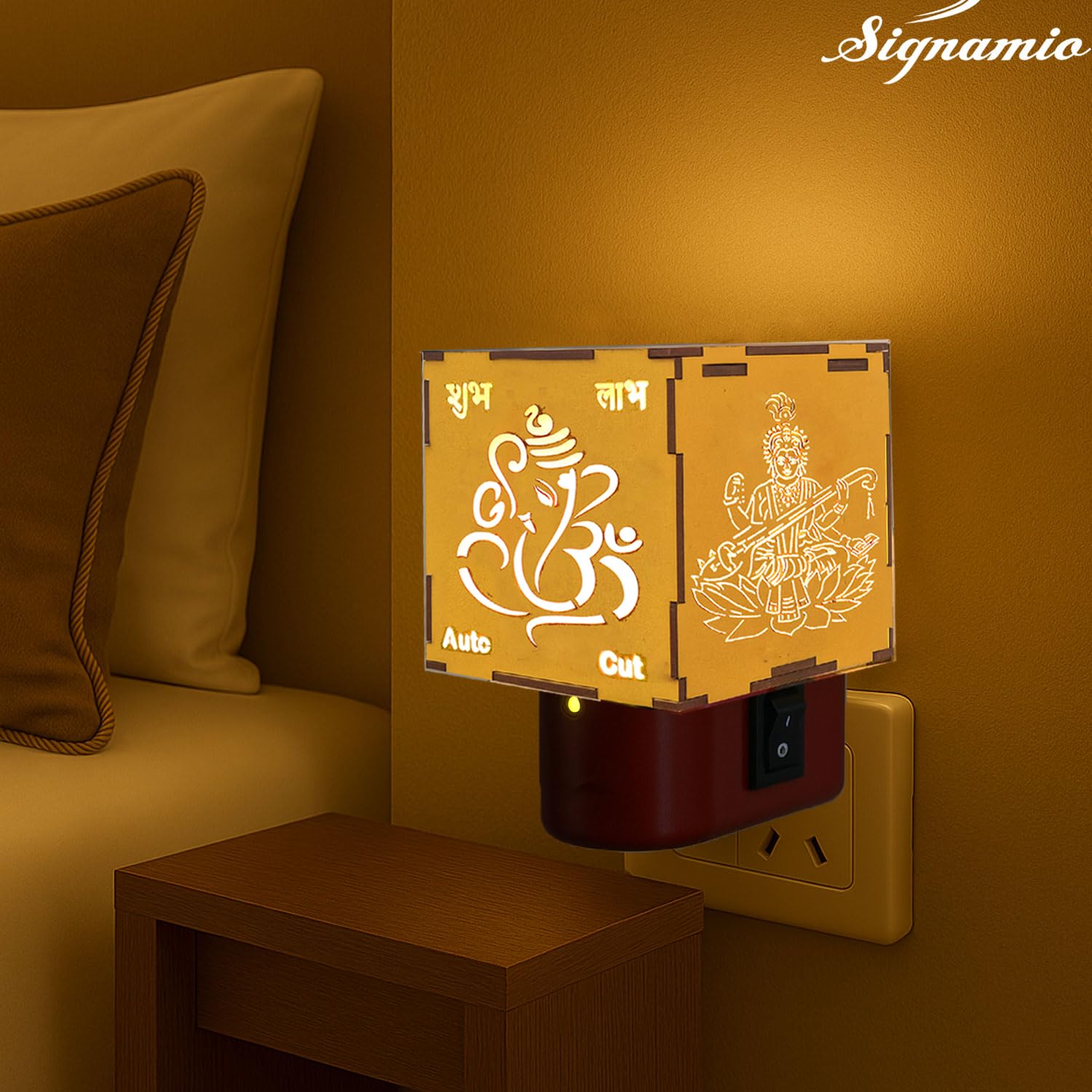 SIGNAMIO® Auto Cut Wooden Ganesha Laxmi Saraswati Camphor Kapoor Bakhoor Oud Aroma Oil Diffuser Incense Dhoop Burner Electrical Stand Machine for Home Fragrance with Night Lamp