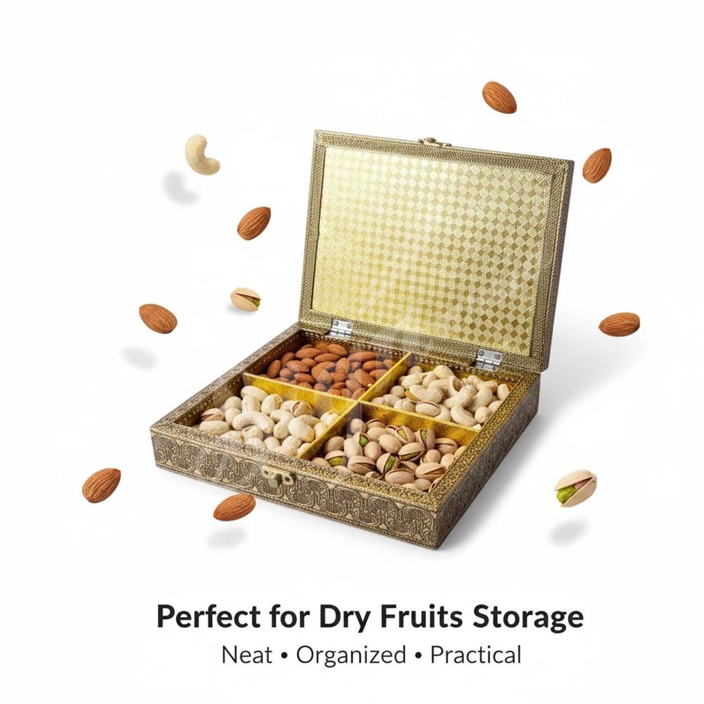 Signamio Decorative Dry Fruit Container Box - 4-Container Dryfruit Box for Home Decor, Elegant Wooden Dry Fruit Box with Lids, Ideal for Gifting and Organizing