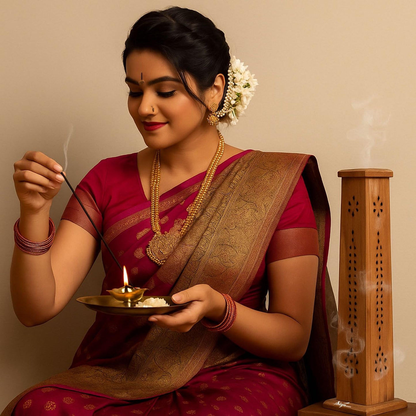 SIGNAMIO® 2pcs Square Wooden Agarbatti Stand with Ash Catcher: Premium Incense Stick and Dhoop Holder Set for Pooja Room Decoration - Essential Puja Items for Home Mandir & Agarbatti Storage Box