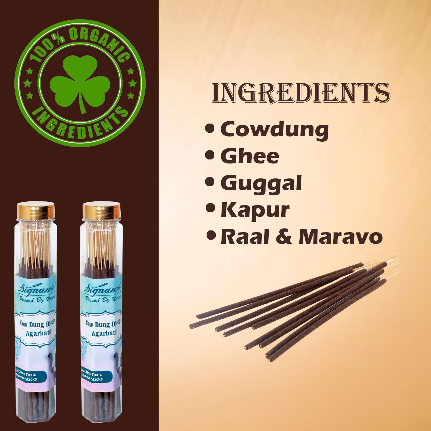 SIGNAMIO® Pure Organic Cow Dung Dhoop Agarbatti with Natural Herbs & No Charcoal,Incense Sticks,Agarbatti for Pooja,Desi Cow Dung Dhoop Batti,for Home,Office-(100g x 2 Bottle)