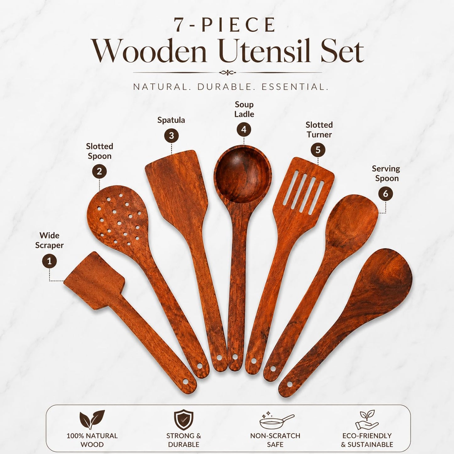 SIGNAMIO 7-Piece Wooden Spatula Set for Cooking, Natural Sheesham Wood Kitchen Utensils Set, Non-Stick Safe Cooking Tools, Turner, Ladle, Slotted Spatula & Serving Spoon Set for Kitchen