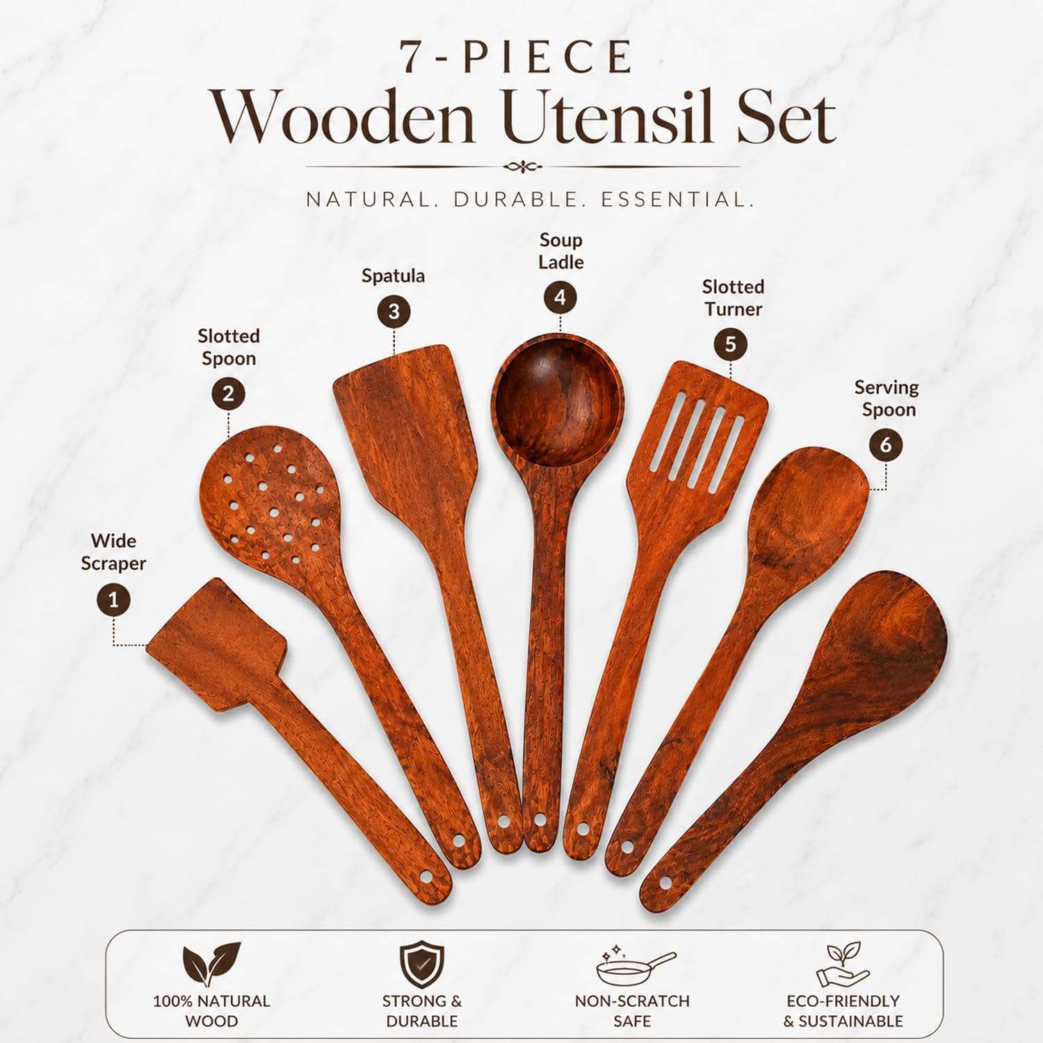 SIGNAMIO 7-Piece Wooden Spatula Set for Cooking, Natural Sheesham Wood Kitchen Utensils Set, Non-Stick Safe Cooking Tools, Turner, Ladle, Slotted Spatula & Serving Spoon Set for Kitchen