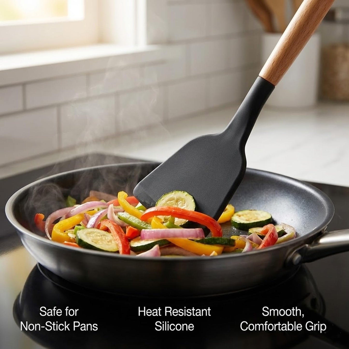 Signamio Silicone Spatula Set with Wooden Handle, 3 Pcs - Premium Cooking Set Ideal for Baking and Cooking, Durable and Heat-Resistant - Grey Color