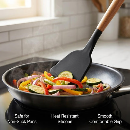 Signamio Silicone Spatula Set with Wooden Handle, 3 Pcs - Premium Cooking Set Ideal for Baking and Cooking, Durable and Heat-Resistant - Grey Color