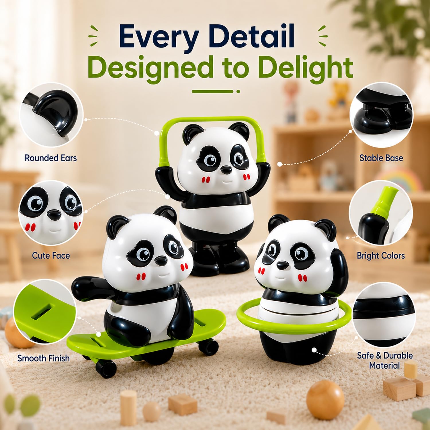 SIGNAMIO Cute Panda Action Set Baby Toys, 3 Piece Set