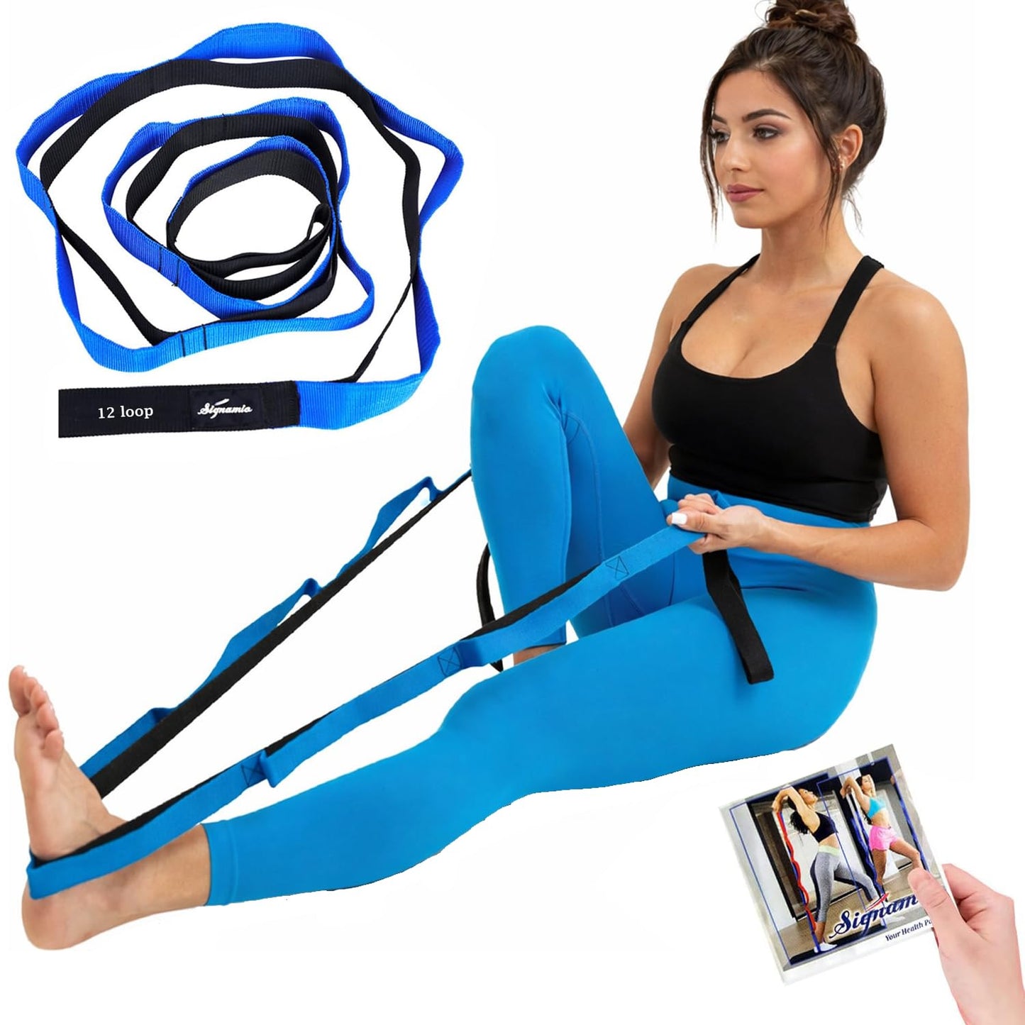 Signamio Yoga Belt for Women - Premium Stretching Belt for Exercise & Hamstring Stretch Strap - Essential Yoga Accessories for Flexibility & Strength Training-12 Loop - Blue-Black