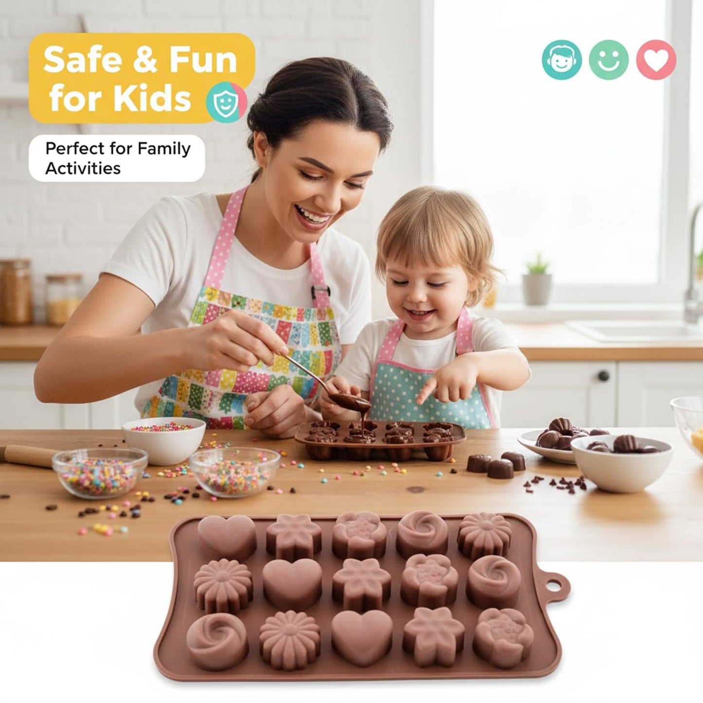 Signamio Chocolate Mould Silicone Set, 2 Pcs Heart Shape & Multi Design Chocolate Silicone Moulds for Baking and Crafting, Durable and Flexible Chocolate Mould for Creative Designs