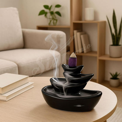 Signamio Ceramic Backflow Incense Fountain - 30 Cones Included for Pooja Meditation, Elegant Backflow Incense Holder, Aesthetic Incense Burner for Decor-DN-15