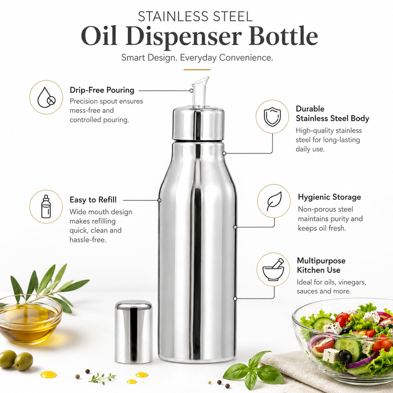 SIGNAMIO Oil Dispenser for Kitchen Stainless Steel 1 Litre | Stainless Steel Oil Bottle with Easy Pour Spout | Oil Dispenser for Kitchen Steel | Steel Oil Container for Cooking Oil & Vinegar
