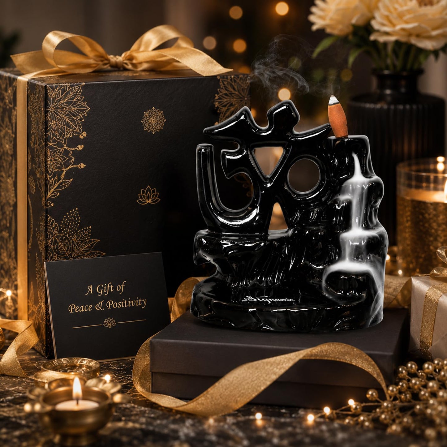 Signamio Aromatic Essence of Ceramic Shiva OM Backflow dhoop Smoke Fountain Incense Burner Holder with 30 Cones - Incense Holder for Meditation and Home Decor