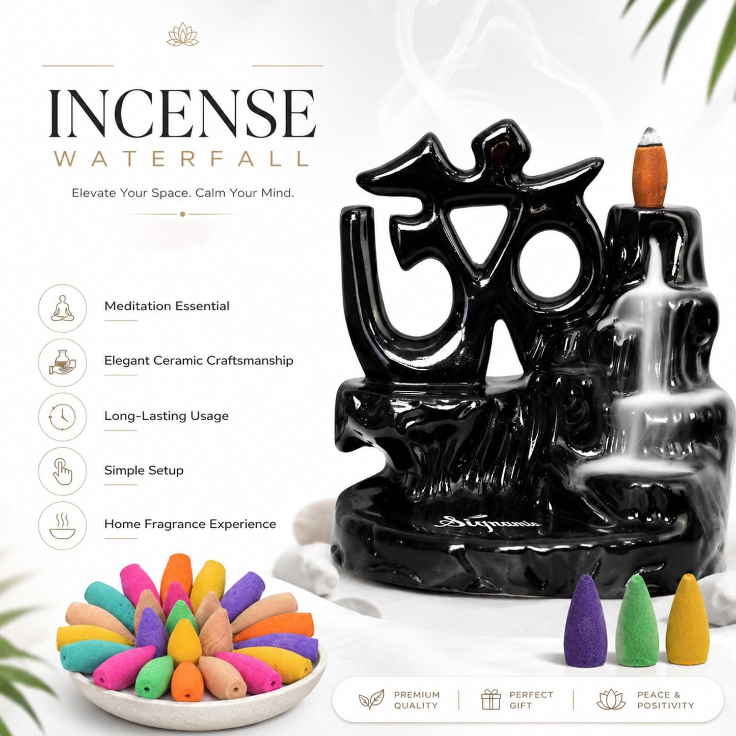 Signamio Aromatic Essence of Ceramic Shiva OM Backflow dhoop Smoke Fountain Incense Burner Holder with 30 Cones - Incense Holder for Meditation and Home Decor