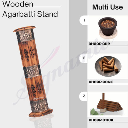 SIGNAMIO® 2pcs Tower Wooden Agarbatti Stand with Ash Catcher: Premium Incense Stick and Dhoop Holder Set for Pooja Room Decoration - Essential Puja Items for Home Mandir & Agarbatti Storage Box