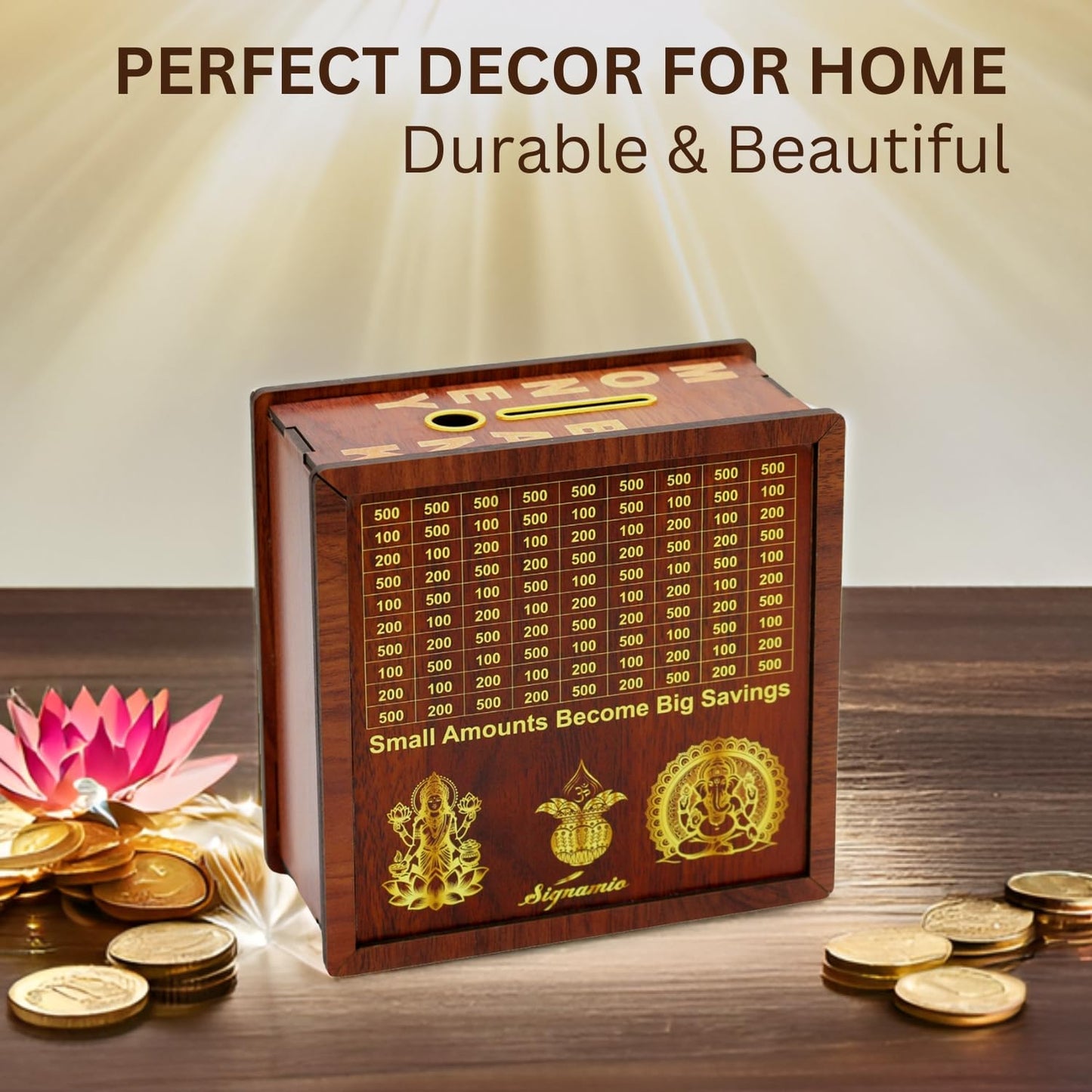 Signamio Wooden Money Saving Piggy Bank Box with Numbers - Perfect Money Saving Box for Kids and Adults, Ideal Money Bank for Girls, Gullak for Men and Women, Kiddy Savings Bank with Amount Displayed