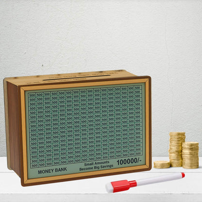 Signamio Money Saving Box for Adult 100000 - Wooden Piggy Bank 100000 with Marker Pen, Elegant Wooden Piggy Bank for Adults, Perfect Money Saving Solution and Financial Goal Achievement-DN2