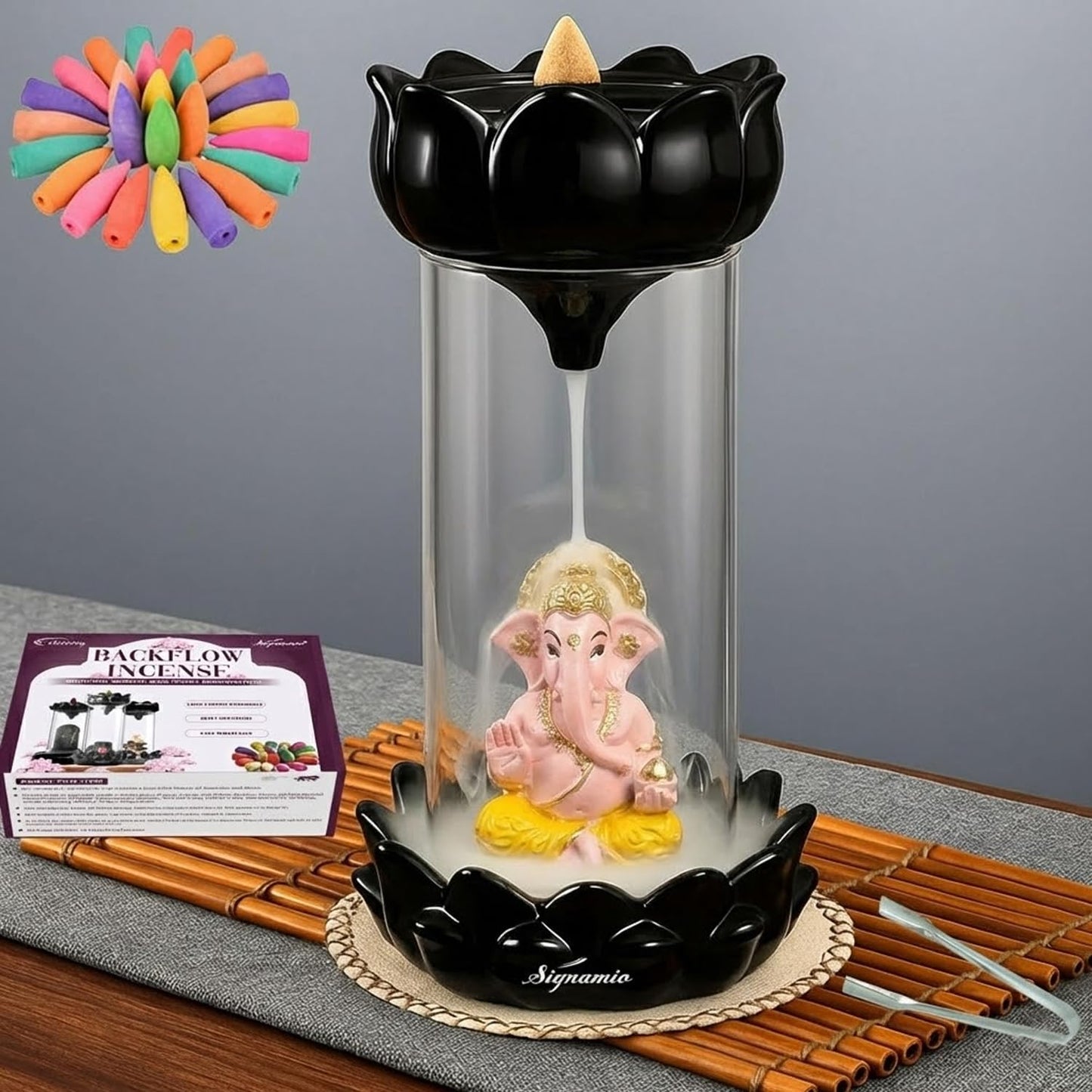 Signamio Ram Lalla Murti Ceramic Backflow Smoke Fountain - Hand Pattern Ayodhya Ram Idol Decor - Ram Lala Idol for Home Temple with 30 Cone