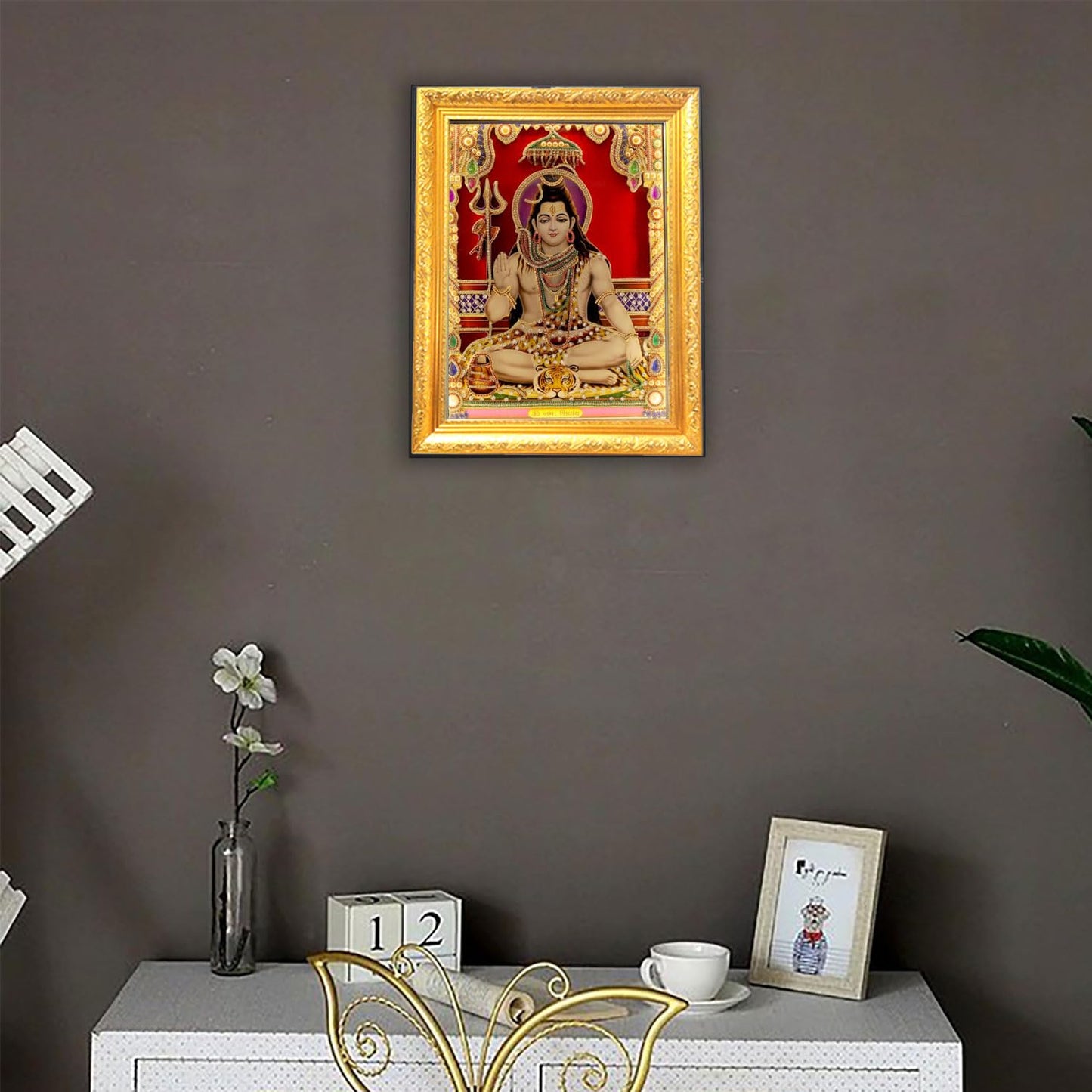 SIGNAMIO® Designer Handmade Stone Moti Work with Gold led Light Sculpture of 3D Lord Shiva Mahadev Shankar wall Hanging Photo Frame with for Puja Room,Home,Office,wall decoration-1pcs (23x18 Inch)
