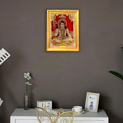 SIGNAMIO® Designer Handmade Stone Moti Work with Gold led Light Sculpture of 3D Lord Shiva Mahadev Shankar wall Hanging Photo Frame with for Puja Room,Home,Office,wall decoration-1pcs (23x18 Inch)
