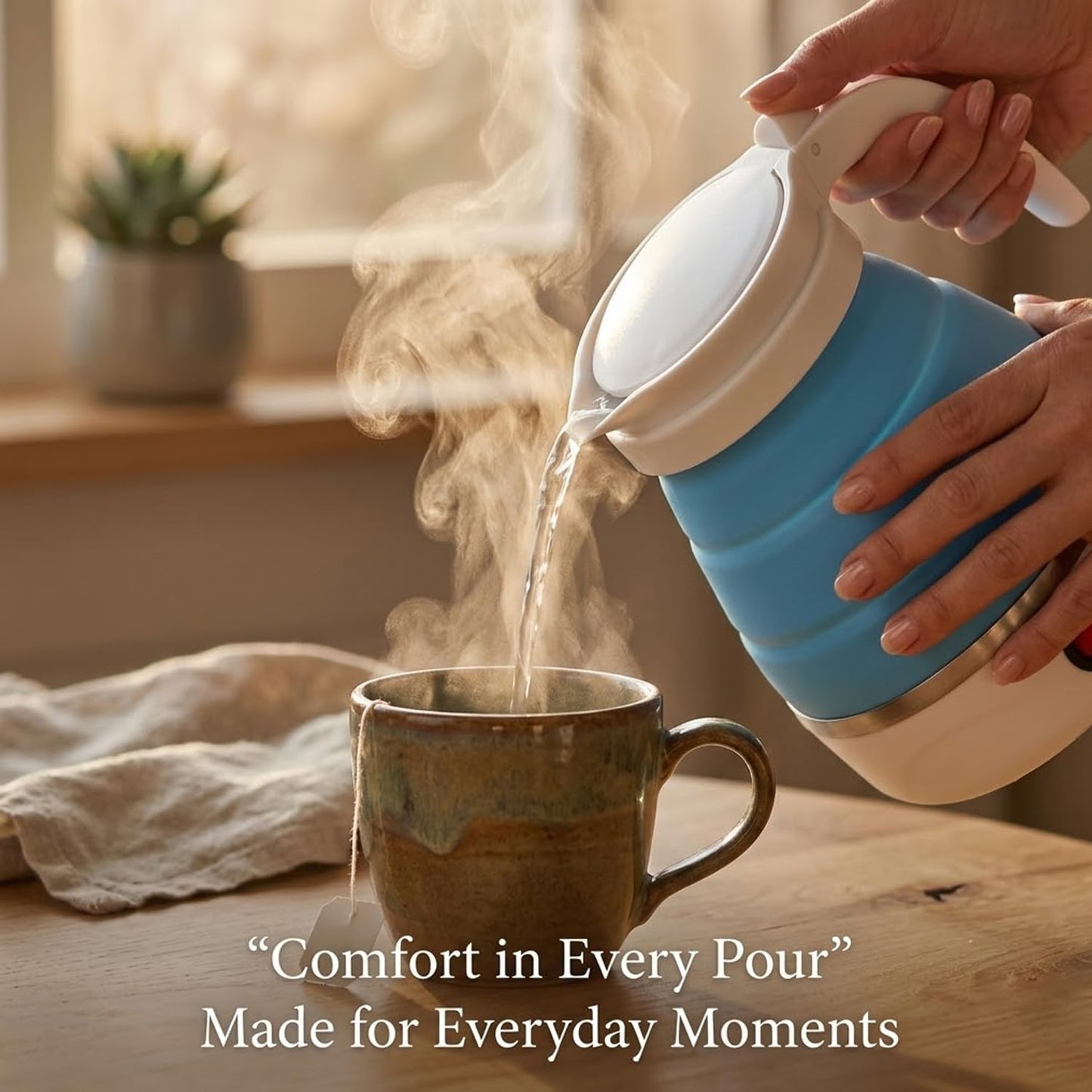 Signamio Electric Kettle - Portable for Travel, Foldable Silicone Travel Kettle, Compact and Lightweight, Ideal for Camping,Office, and Hotel Use, Quick Boil - 220V-600ML - Blue