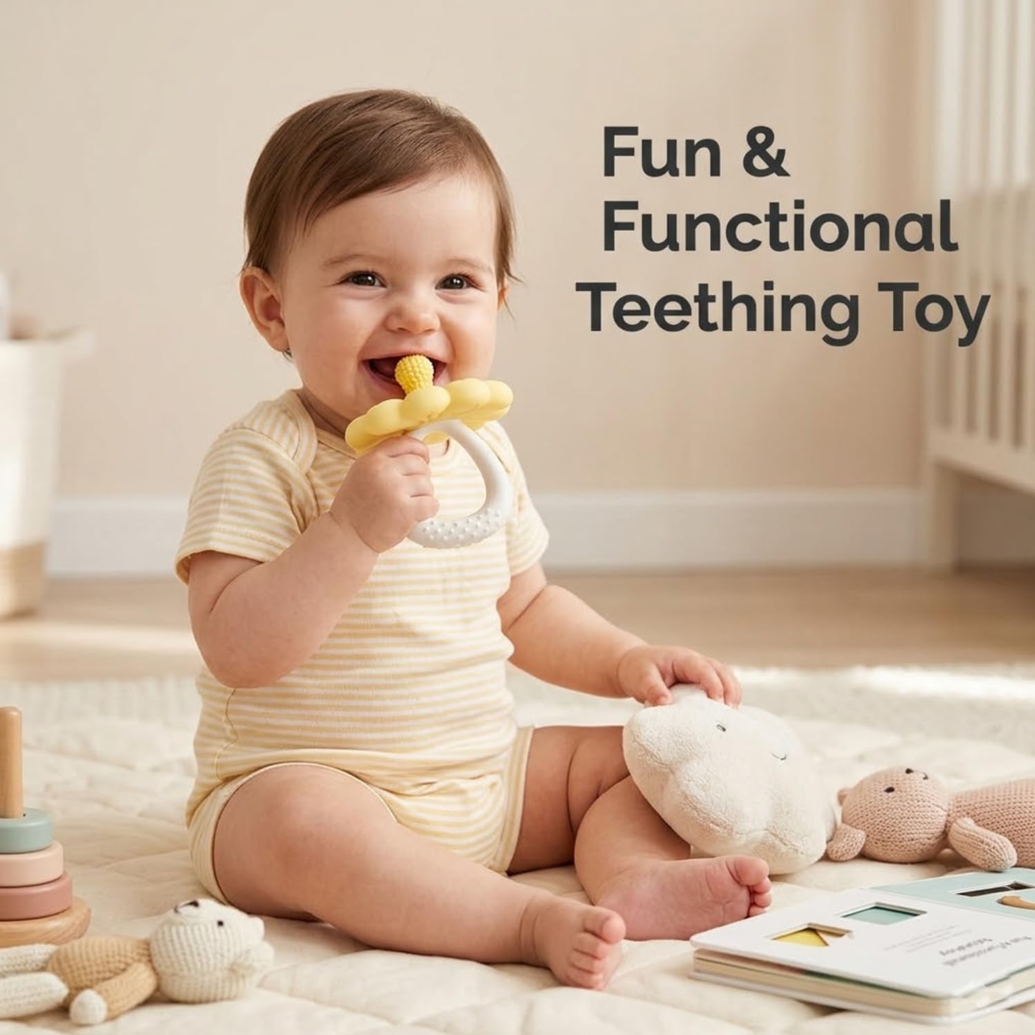 Signamio Silicone Teether for Baby, BPA Free - Food Grade, Non Toxic PVC Free, Easy Grip Handle, Soft Edges, Baby Teethers for 6 to 12 Months, Teethers for 3 to 6 Months, Soft - Yellow