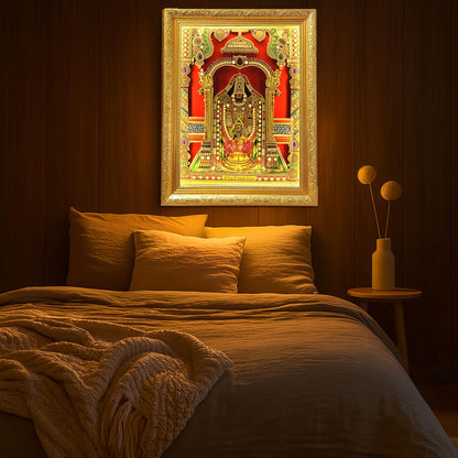 SIGNAMIO® Designer Handmade Stone Moti Work with Gold led Light Sculpture of 3D Tirupati Balaji wall Hanging Photo Frame with for Puja Room,Home,Office,wall decoration-1pcs (14X11 Inch)