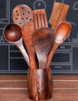 SIGNAMIO® 7pcs Wooden Spoon and Spatula Set for Cooking - Non-Stick Kitchen Utensils with Holder, Spoon Rest & Hooks - Ideal Wooden Kitchen Set for Non-Stick Pans