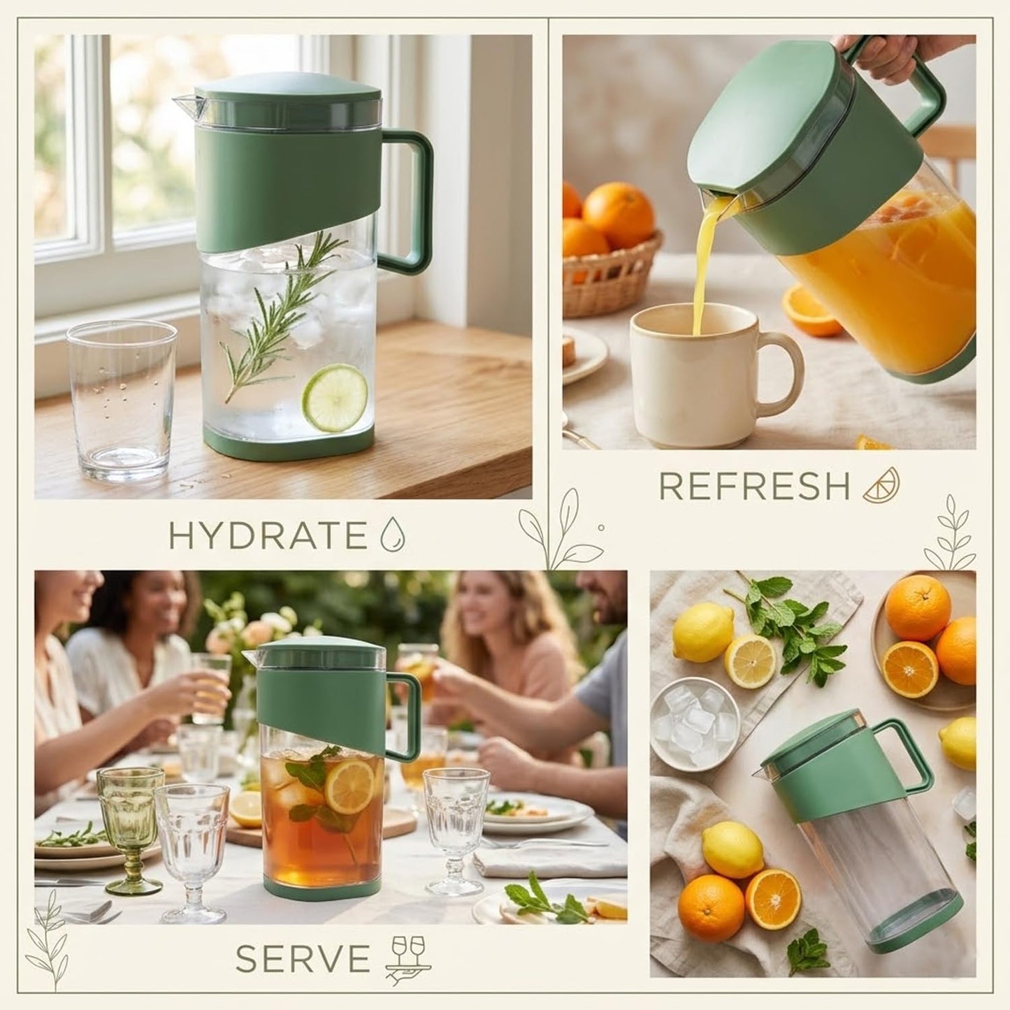 Signamio 1800 ML Water Jug with Lid & Handle | Plastic Juice Jug for Water, Juice & Beverages | Water Jug for Dining Table | Easy Pour Serving Pitcher for Home, Kitchen & Refrigerator - Pista