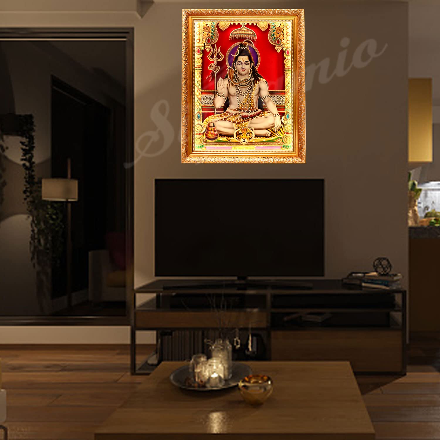 SIGNAMIO® Designer Handmade Stone Moti Work with Gold led Light Sculpture of 3D Lord Shiva Mahadev Shankar wall Hanging Photo Frame with for Puja Room,Home,Office,wall decoration-1pcs (23x18 Inch)