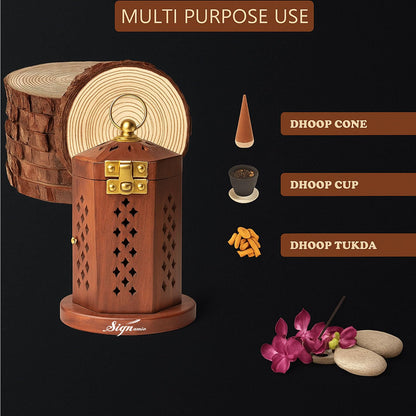 SIGNAMIO® Hanging Handcrafted Wooden Sambrani Dhoop Dhup Stand - Perfect Room Decoration and Incense Cone Holder for Home Mandir, Ideal Dhoop Dani and Pooja Items