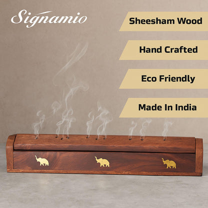 SIGNAMIO® 2pcs Wooden Horizontal Mini Agarbatti and Dhoop Holder Premium Incense Stick Stand with Ash Catcher for Pooja - Essential Puja Items for Home Mandir & Agarbatti Stand Holder with Storage Box
