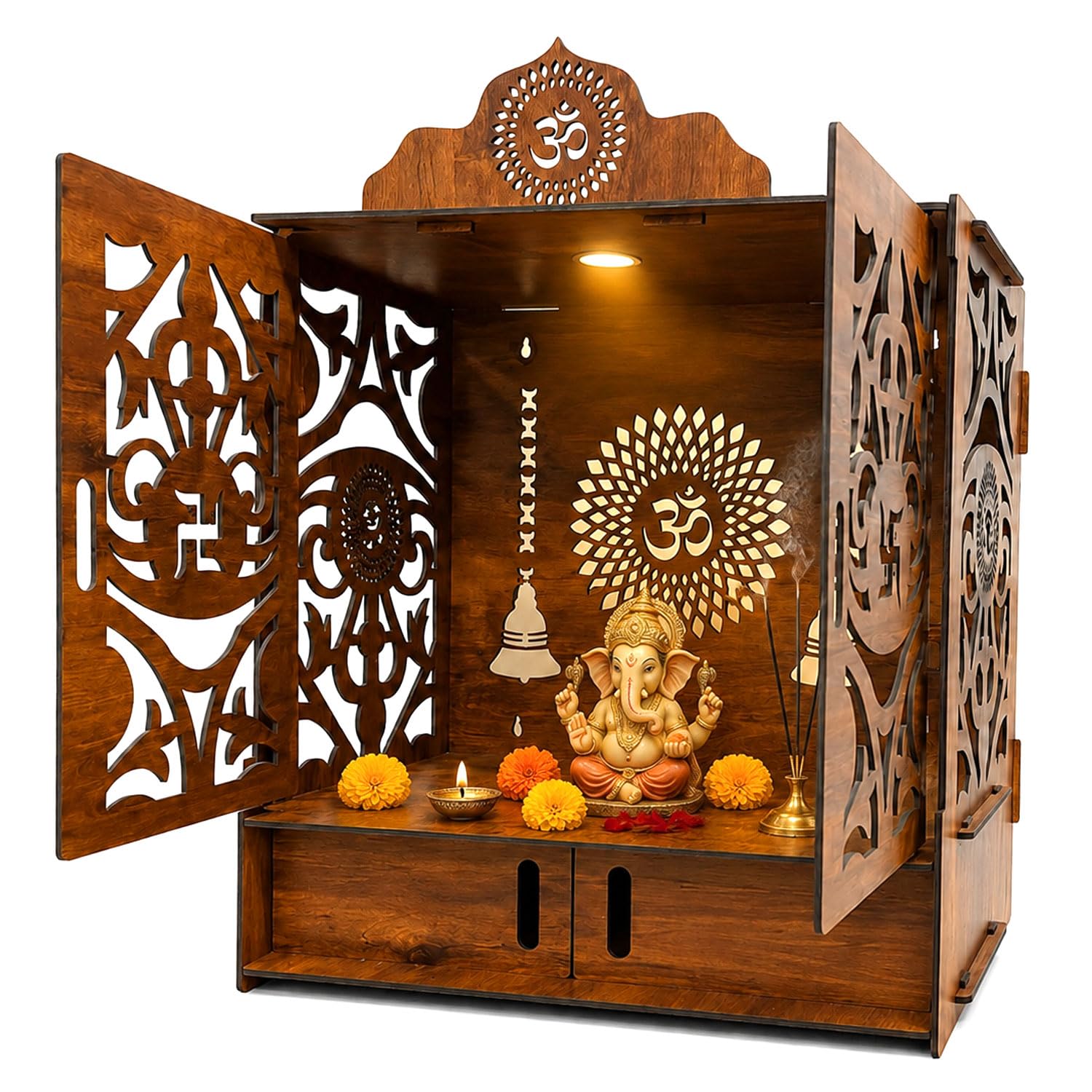 SIGNAMIO Mandir for Home with Door & LED Light | Wooden MDF Pooja Temple | Temple for Home with Door | Wall Mounted Hanging Home Temple with Storage Drawer