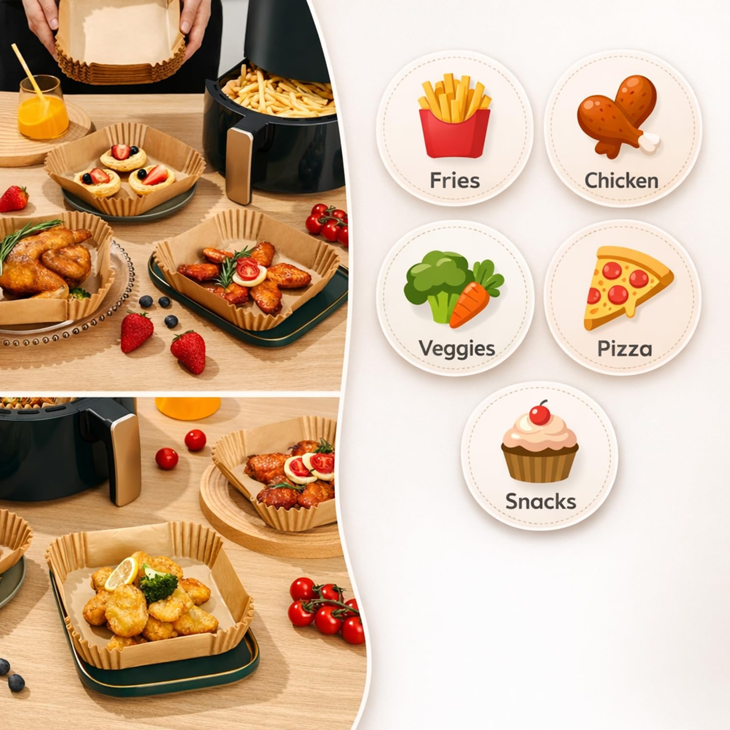 Signamio Air Fryer Paper Sheets - 100 Pcs Airfryer Paper Sheets, Air Fryer Accessories, Heat Resistant, Greaseproof, Waterproof, Safe for Temperatures Up to 230°C - Square