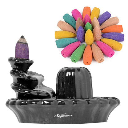 Signamio Aromatic Essence of Ceramic Shivling Shiva Backflow dhoop Smoke Fountain Incense Burner Holder with 30 Cones - Incense Holder for Meditation and Home Decor-MA-17