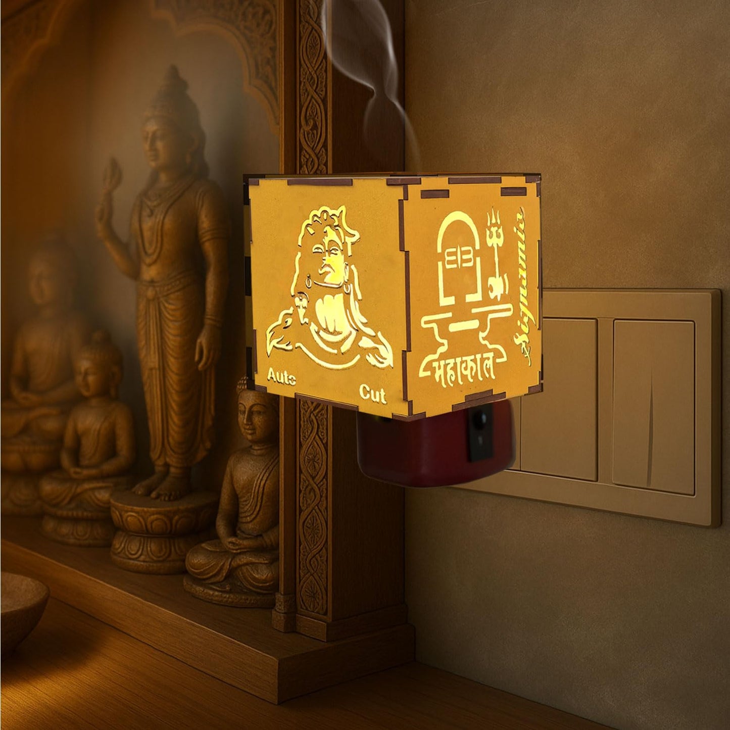 SIGNAMIO® Auto Cut Wooden Adiyogi Shiva Camphor Kapoor Bakhoor Oud Aroma Oil Diffuser Incense Dhoop Burner Electrical Stand Machine for Home Fragrance with Night Lamp