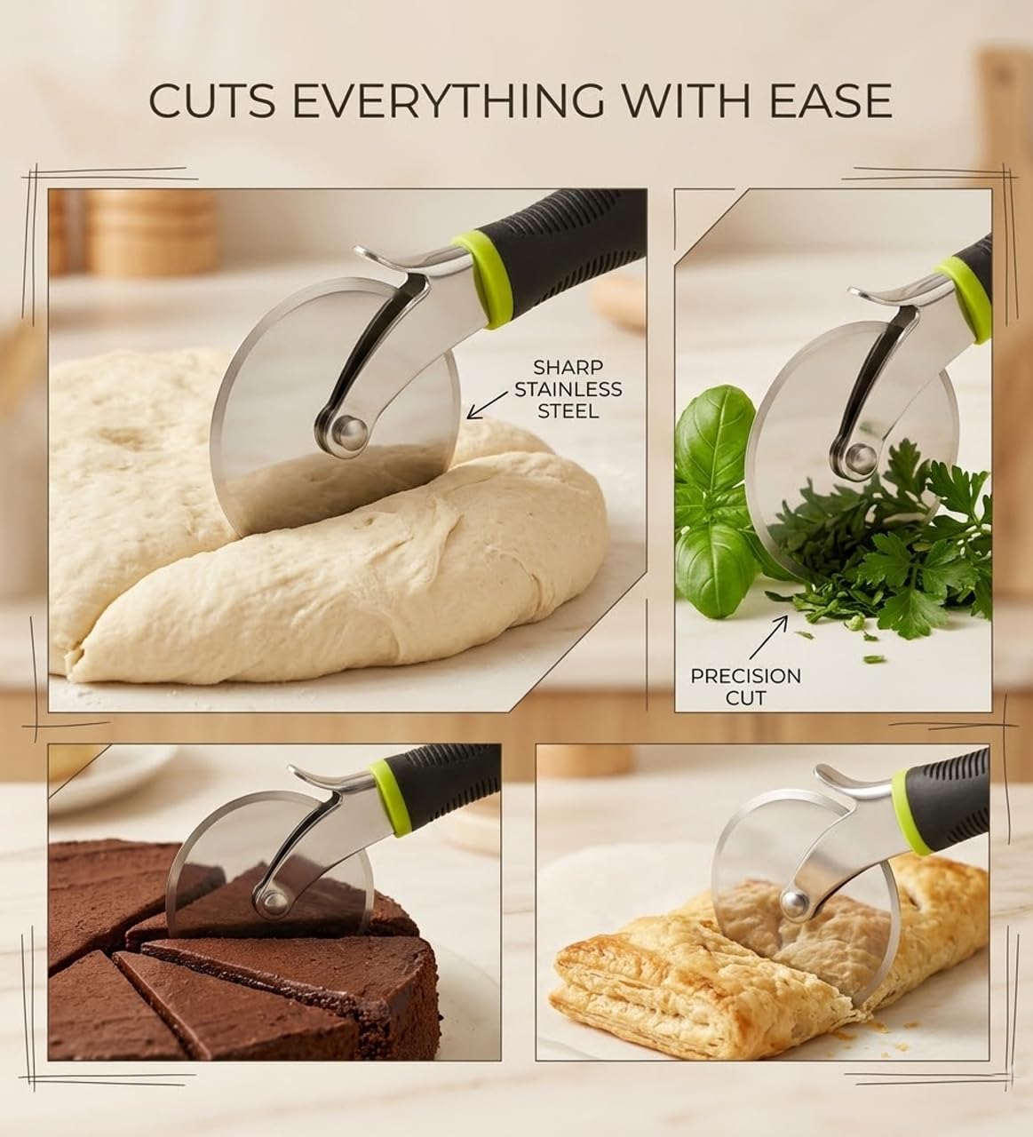 SIGNAMIO Pizza Cutter for Kitchen Durable Stainless Steel Wheel Brownie Cutter Tool with Sharp Blade and Comfortable Non Slip Handle for Effortless Slicing at Home