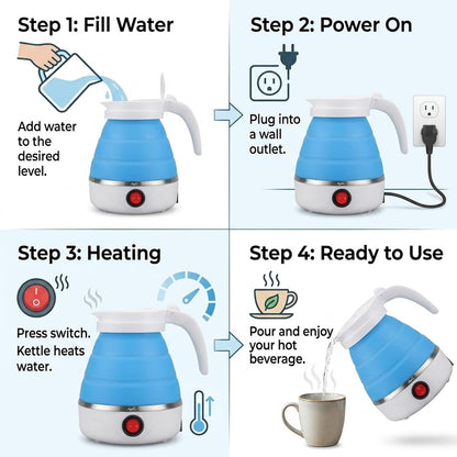 Signamio Electric Kettle - Portable for Travel, Foldable Silicone Travel Kettle, Compact and Lightweight, Ideal for Camping,Office, and Hotel Use, Quick Boil - 220V-600ML - Blue