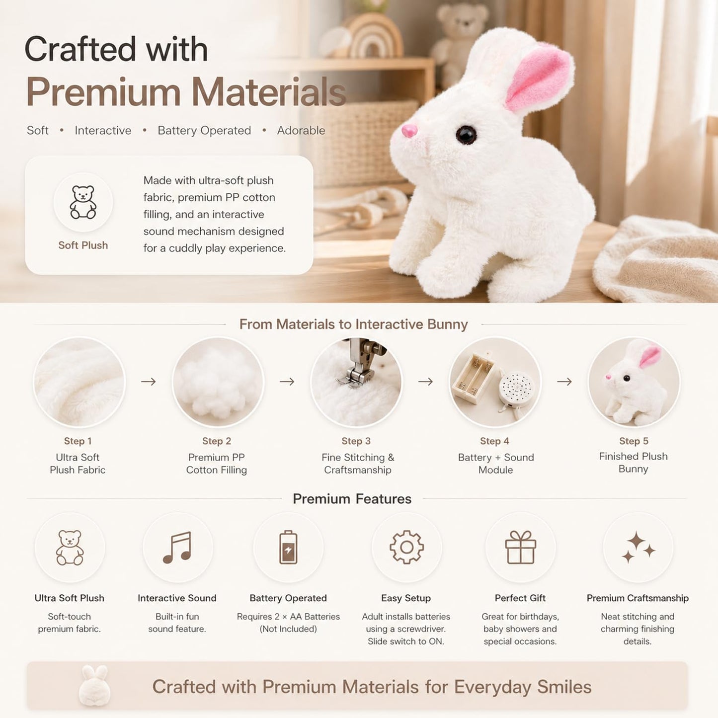 SIGNAMIO Jumping Rabbit Wiggling Ear, Walking Bunny Toy with Sounds, Twitching Mouth and Nose, Bunny Rabbit Toy for Baby Kids - White - 1 Pcs