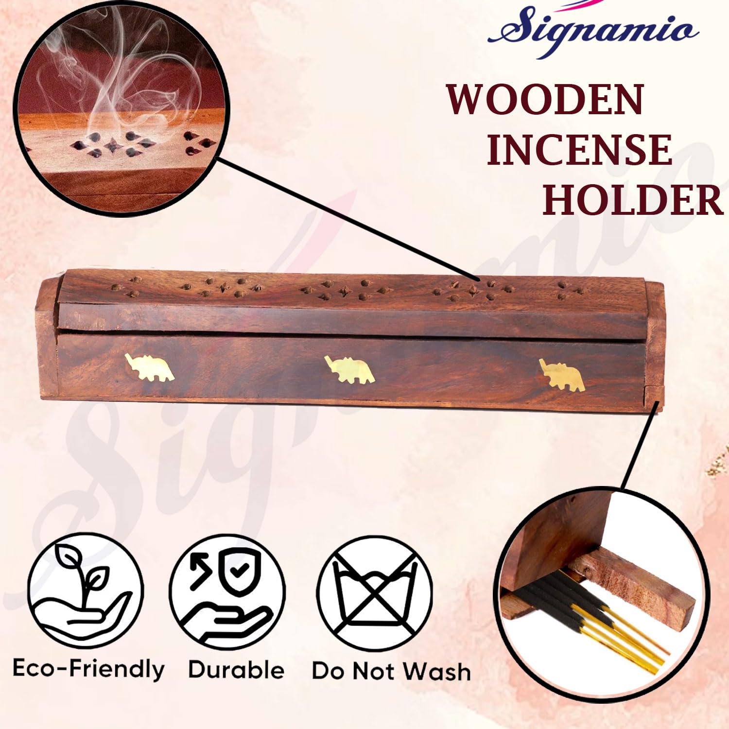 SIGNAMIO® 2pcs Wooden Horizontal Agarbatti and Dhoop Holder Premium Incense Stick Stand with Ash Catcher for Pooja Room - Essential Puja Items for Home & Agarbatti Stand Holder with Storage Box